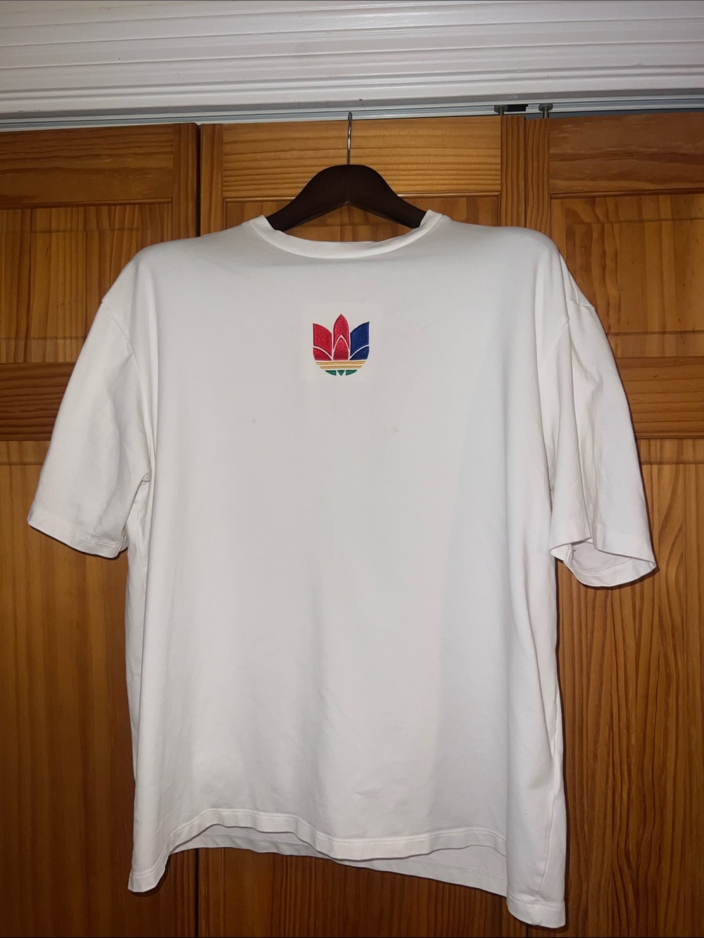 White Men's Adidas Short-Sleeve T-Shirt with Multi-Color Trefoil Logo Size M